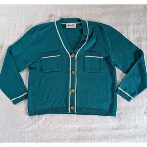 VTG‎ Laura by Alyzia Teal & White V Neck Cardigan Women's Sz S Made In the USA